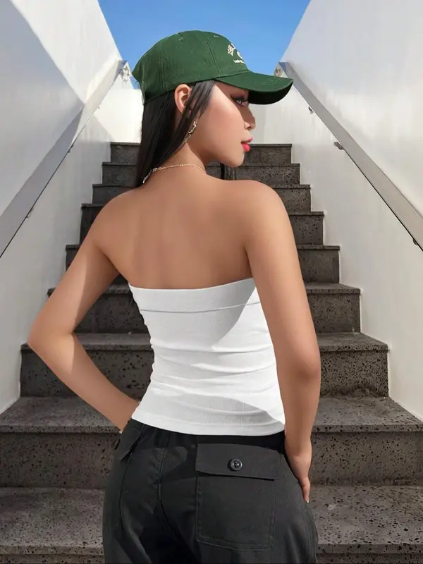 Women's Solid Backless Tube Top, Casual Strapless Ribbed Top, Ladies Summer Clothes for Daily Wear 1