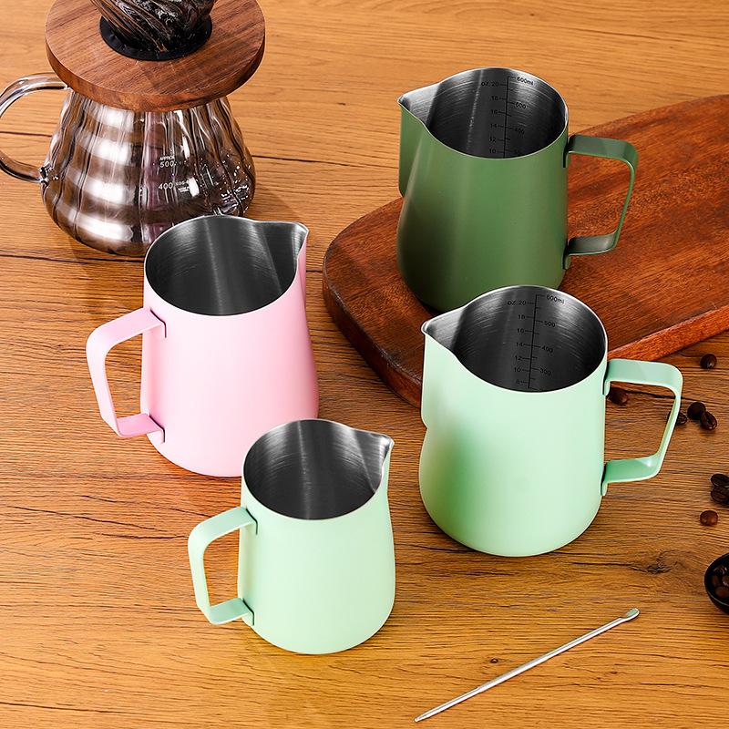 Product Introduction of Japanese style 304 stainless steel latte art jar, colorful latte art cup, milk cup, hand brewed milk foam cup, coffee product set 3