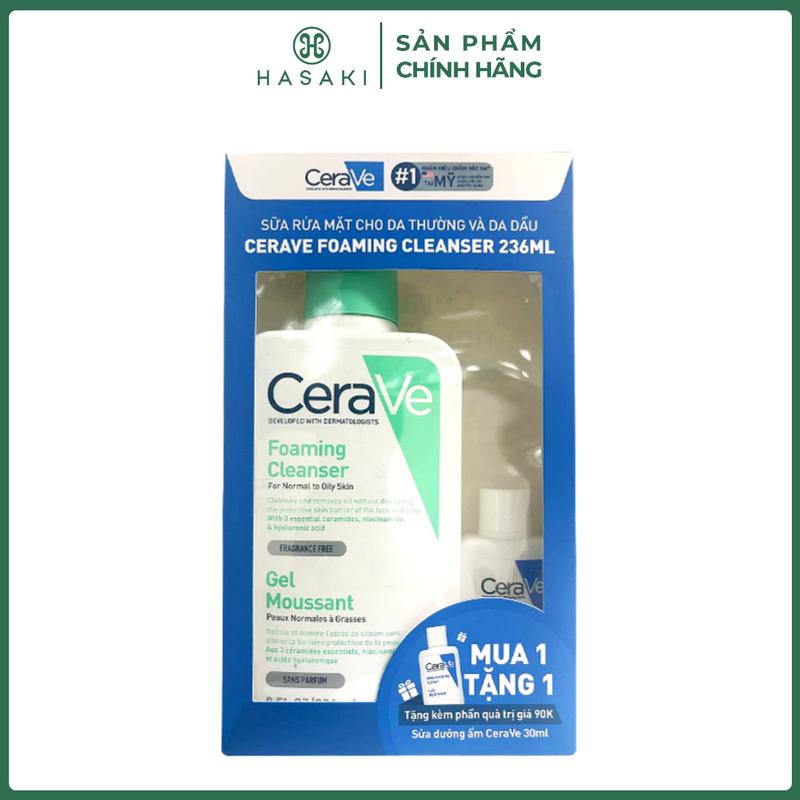  Combo CeraVe Sữa Rửa Mặt Sạch Sâu Cho Da Thường Đến Da Dầu 236ml + Sữa Dưỡng Thể 30ml | HASAKI BEAUTY 