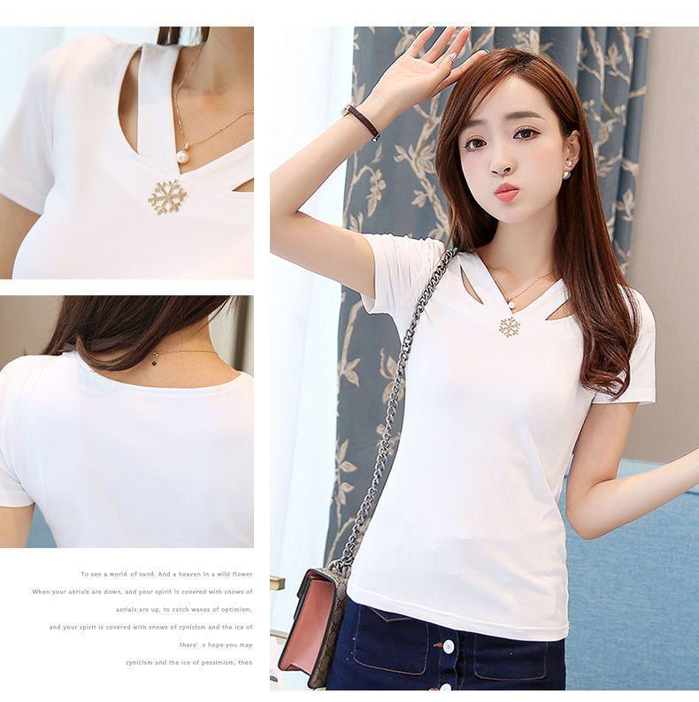 Product Introduction of Women's Summer Design Striped T-shirt Thin and Slimming White V-neck Short Sleeved T-shirt 10