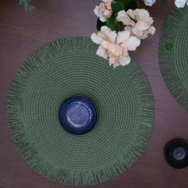 Product Introduction of Minimalist Japan Style Round Braided Placemats Non-slip Hand Woven Fringe Paper Table Mats with Tassels Tea Cup Pad Dining Table Decorations 18