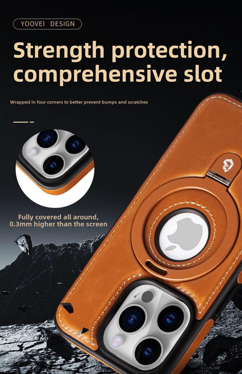 Product Introduction of Magnetic Phone Case, Luxurious Genuine Leather, Suitable for iPhone 12 13 14 15 16 Pro Max and 14 15 16 Plus, Magnetic Safety Protective Case, with P-shaped Fixing Ring, Stand Logo, Cut-out Back Cover 16