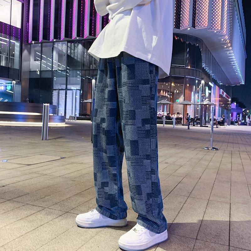 Quần jean ống suông dáng đứng phong cách Retro họa tiết caro thời trang Hàn Quốc Q135 Nam Menswear Xanh Pants