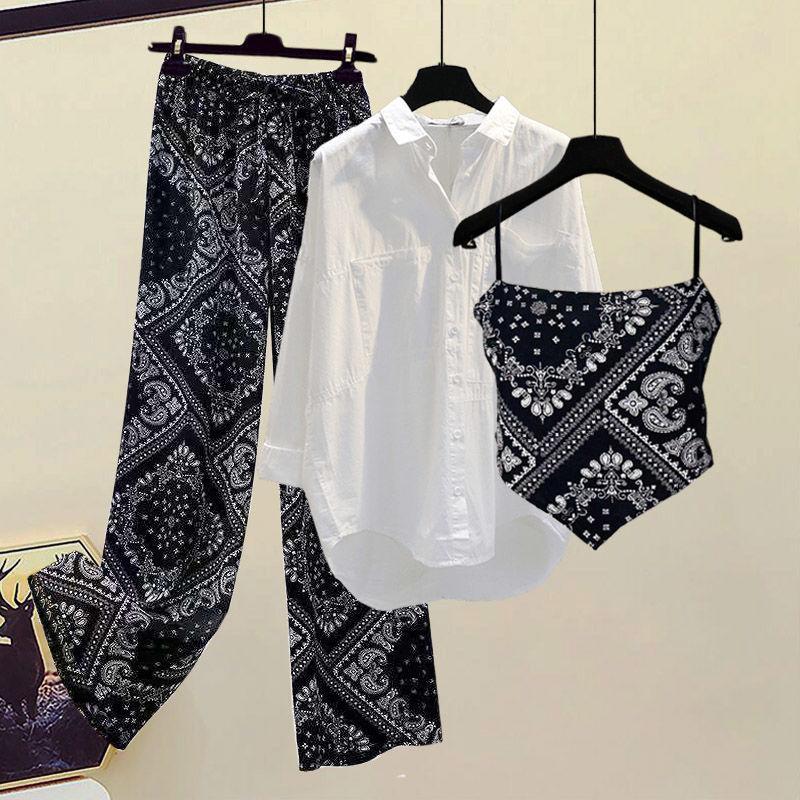 Product Introduction of Hi Mia's Shop | plus Size Women's Clothing Summer Suit Women 2024 New Western Style Youthful-Looking Slim Shirt Small Sling Wide Leg Pants Three-Piece Set 12