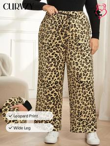 CURVZY Plus Size Leopard Print Bow Decor Elastic Waist Wide Leg Pants, Casual Comfy Pocket Plush Trousers for Women, Women's Bottoms for Fall & Winter