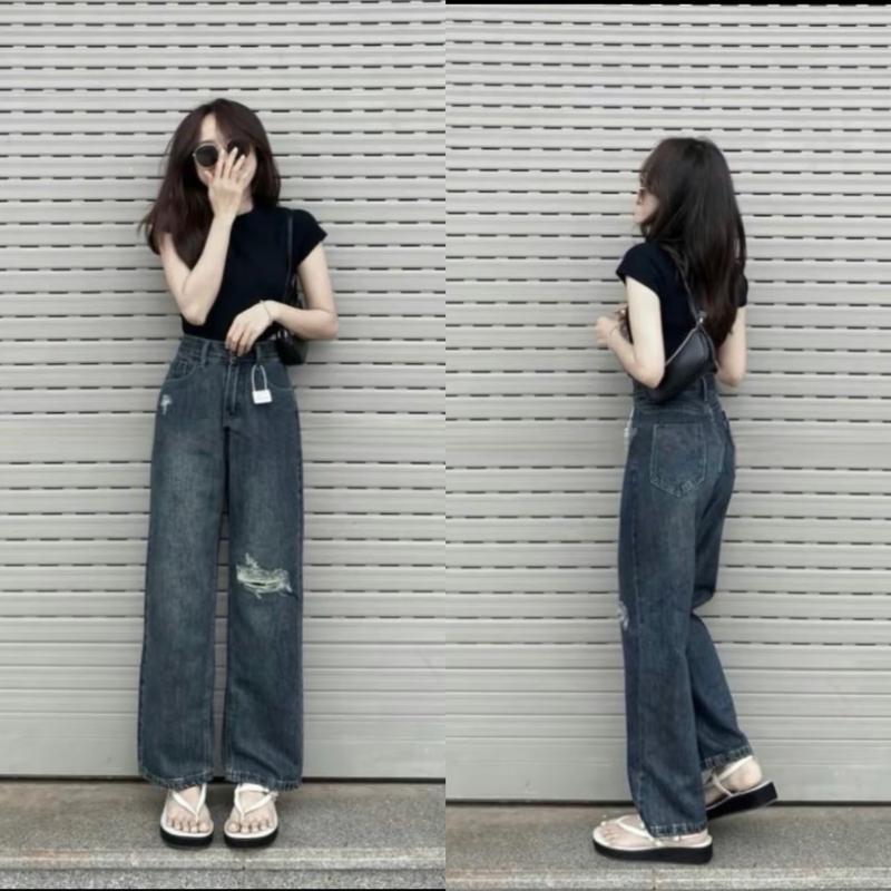 Quần jean nữ ống suông rách gối phong cách dài 96cm nữ women top