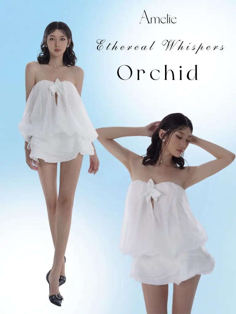 Set Áo bí cúp ngực đính hoa + Chân váy xòe trắng chất tơ crep cao cấp - Orchid Set AMELIE