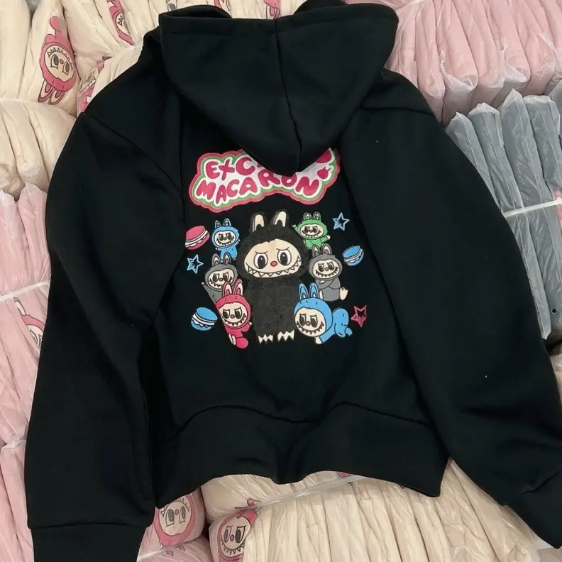 Áo khoác nỉ in hình labubu có nón khoá kéo an534 unisex nam nữ 6