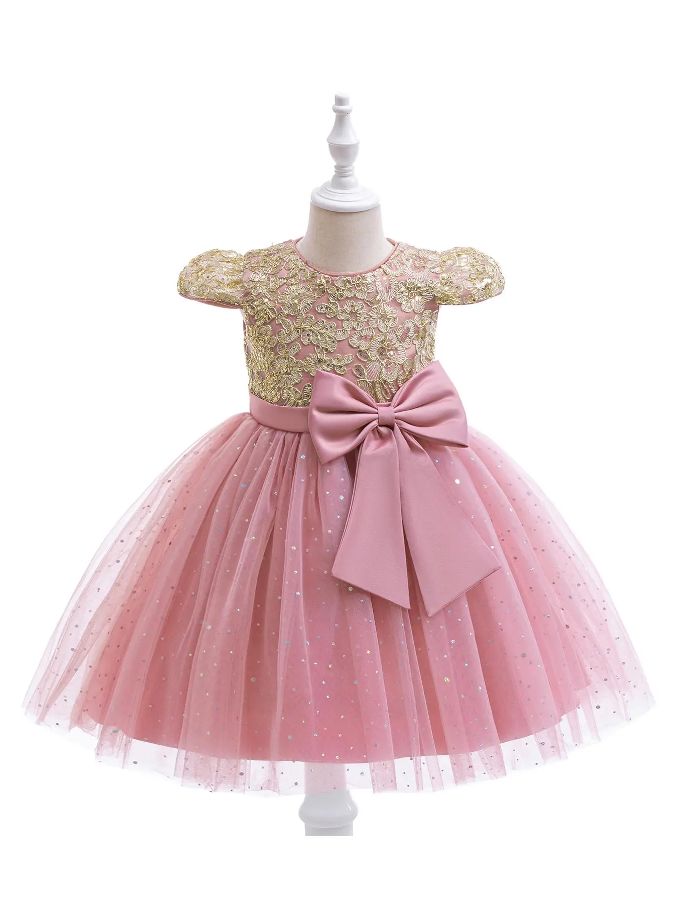Girl's Contrast Sequin Bow Decor Zipper Back Tulle Dress, Elegant A Line Dress for Party Pageant, Kids Tutu Clothes for Summer