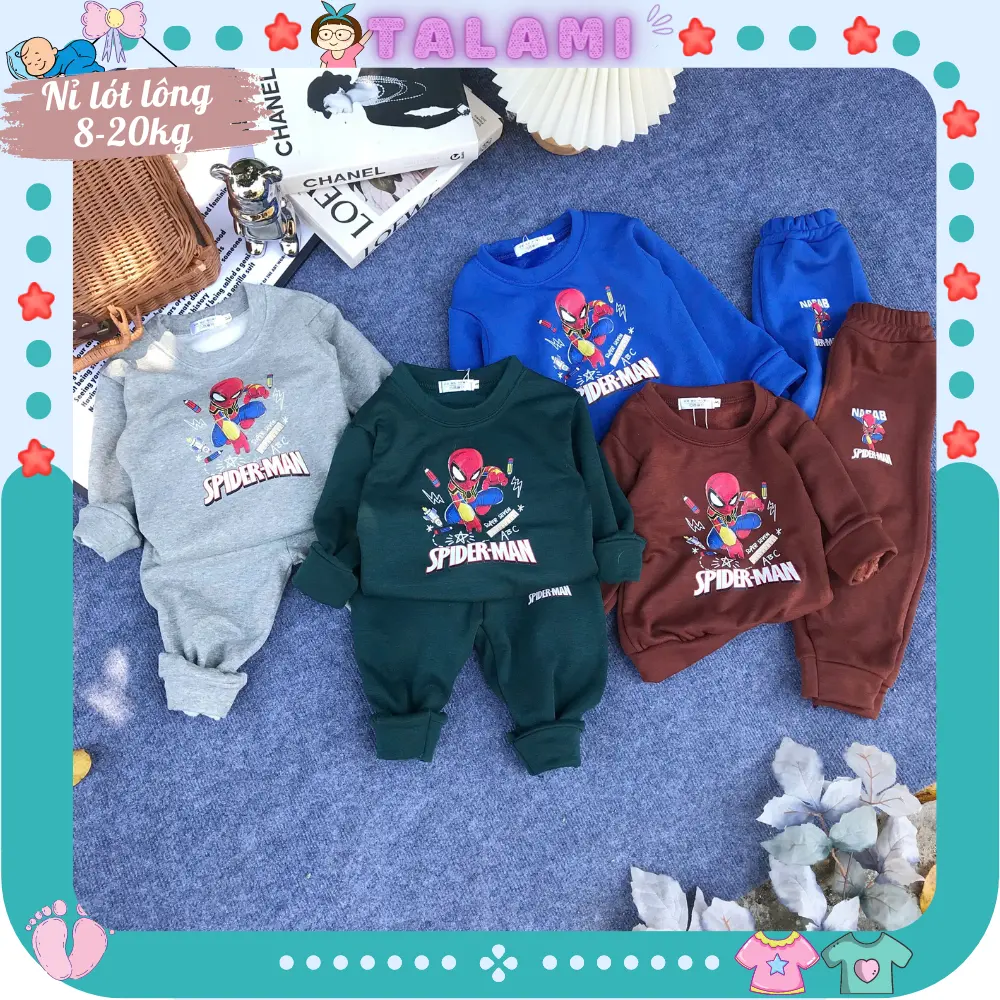 Quần áo bé trai, bộ quần áo dài tay thu đông chất nỉ lót lông siêu ấm, in hình siêu nhân nhện spiderman cho bé 12-20kg