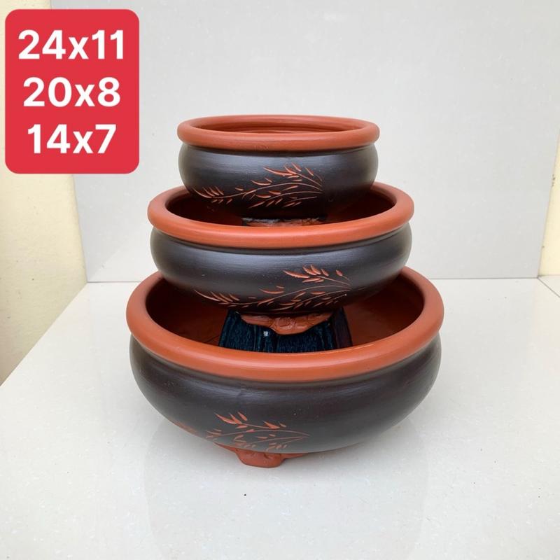 Chậu bonsai Tròn mini đất nung màu đen đỏ gốm Bát tràng 3 size SP842