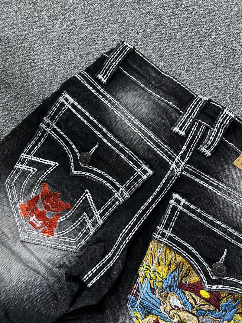 Product Introduction of Quần jean nam dài  màu đen wash gân , hoạ tiết thêu hình Samurai 12