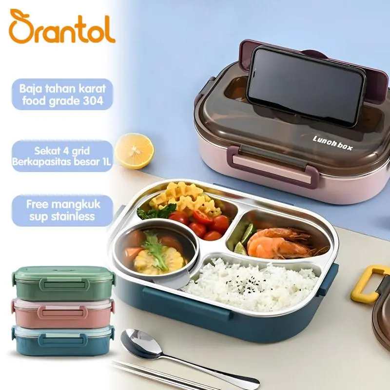 【COD】[ORANTOL] Lunch Box Stainless / Kotak Makan dengan Tas 4 Sekat Tahan Panas Dan Anti Tumpah Tempat Makan + Mangkuk Sup dan Sendok Garpu Aluminium Biru. Kitchenware Kotak Makan Stainless