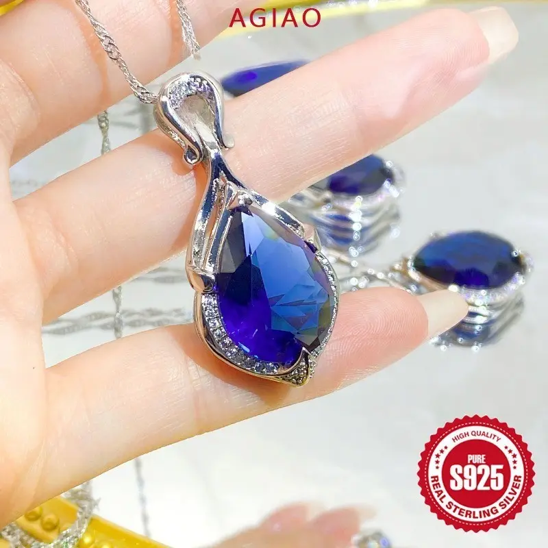 AGIAO Kalung Batu Permata Air Drop Safir Biru Fashion Mermaid 925 Untuk Wanita