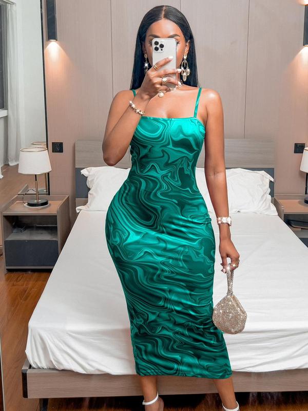 Women's Marble Print Split Thigh Cami Dress, Summer Clothes Women, Elegant Adjustable Strap Bodycon Midi Dress for Party Club, Dress for Women Valentine's Day, gift 1