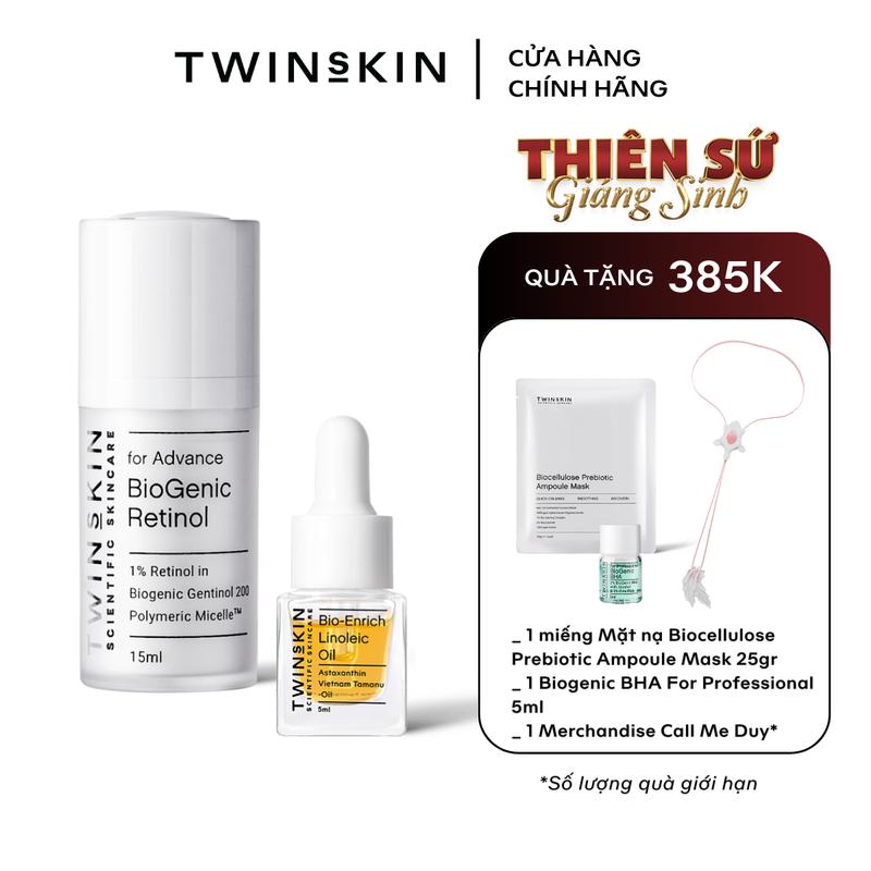 [LIMITED CMD] Combo TWINS SKIN Biogenic Retinol 1.0% For Advance Travelsize 15ml + Dầu dưỡng Bio-enrich Linoleic Acid Oil Travelsize 5ml TẶNG 1 Biocellulose Prebiotic Ampoule Mask 25gr + 1 Biogenic BHA For Professional 5ml + 1 Bolo Tie 3D by Call Me Duy