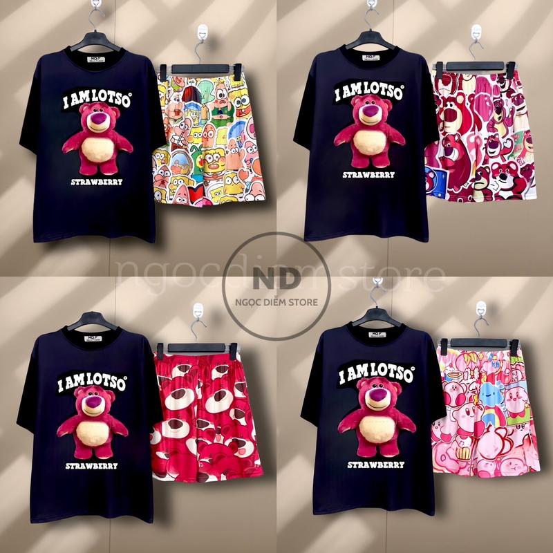 [13 Mẫu] Bộ Đùi Gấu Dâu Đen I AM LOTSO Set Đồ Bộ Nữ hoạt hình cotton phom rộng phối Quần Short Cartoon Unisex