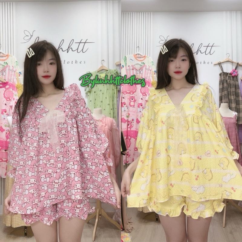 Bộ babydoll áo tay dài nơ tiểu thư gấu dâu kèm quần chun 40-80kg form rộng Nữ Women