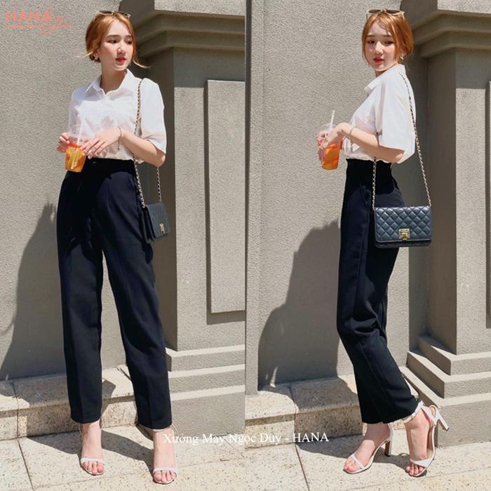  Quần baggy công sở nữ cạp cao dáng dài - Quần tây nữ lưng cao đi học màu Đen Xanh chất vải tuyết mưa dày dặn 