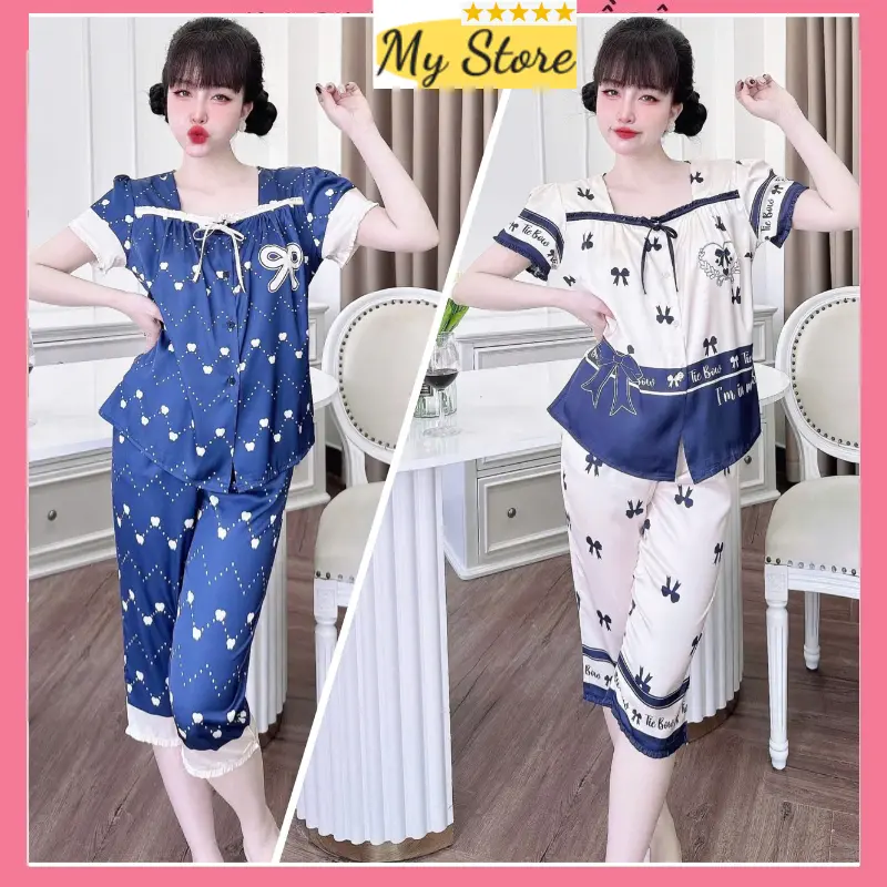 Đồ bộ nữ quần lửng tay ngắn cổ vuông dễ thương chất liệu lụa latin tơ tằm mịn mát freesize dưới 58kg