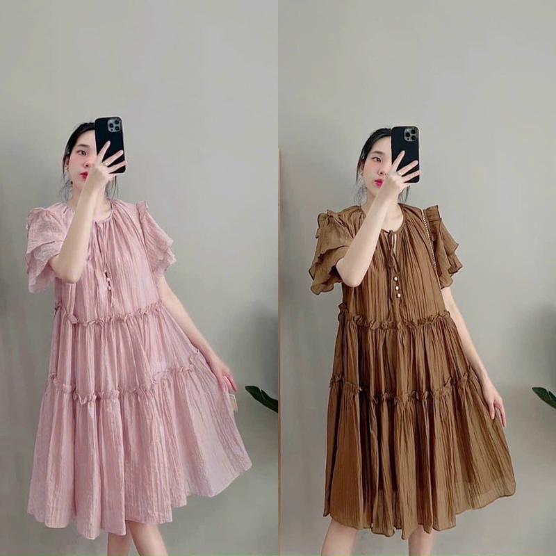   V444  Váy tơ đũi suông cúc ngọc chất mát bầu mang dược  Nữ  Women Dress Nhung Women Voan Tím Voi Tim 