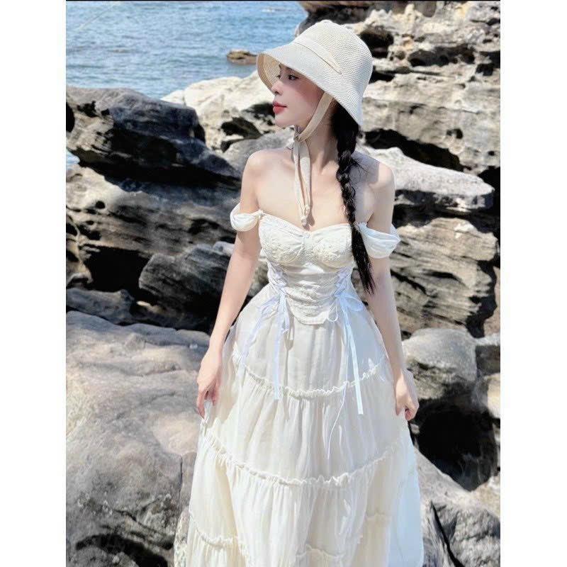 Set váy maxi đi biển chất tơ xốp phối ren kèm mút áo trễ vai nhúng eo, dây thắt nơ, váy dài đi biển dáng xòe nhẹ nhàng 1