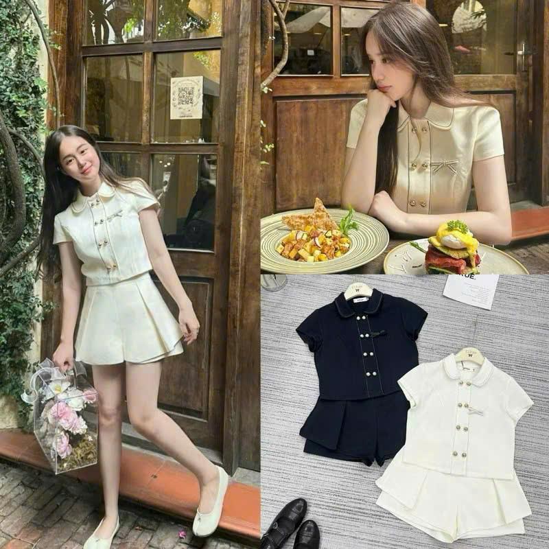 [Hàng Shop]: Set Dạ Tex 2 Màu Tiểu Thư Áo Cổ Sen Cúc Đôi Mix Quần Short May Chỉ Nổi Đứng Form (Ảnh Thật Trải Sàn)