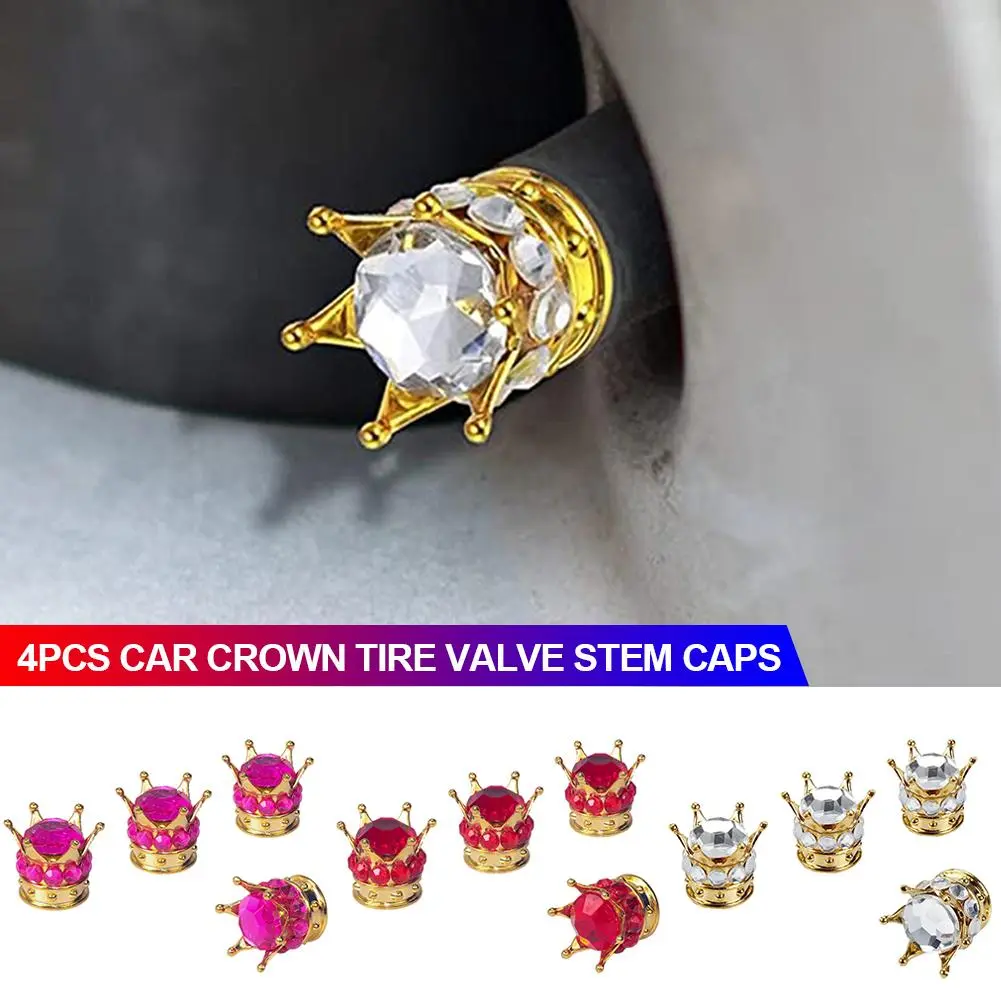 4Pcs Car Crown Tire Valve Stem Caps with Bling Crystal Rhinestone Chrome Crown Vehicle Tire Caps Covers Accesorios #462229