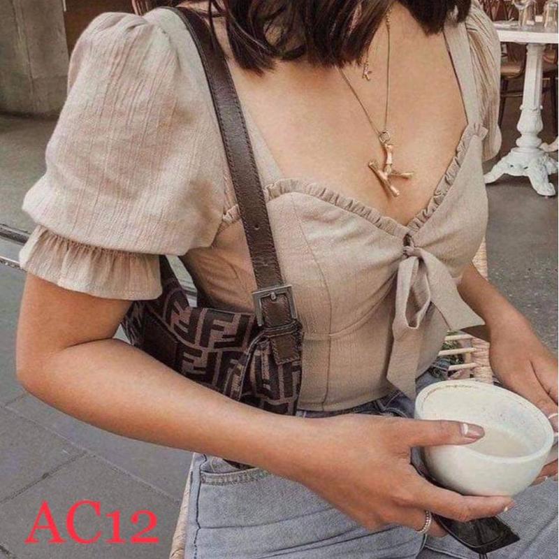 Áo croptop bigsize, áo croptop tay phồng màu be cột nơ ngực phong cách Hàn Quốc sang trọng sexy AC12 Nữ Sơ Mi