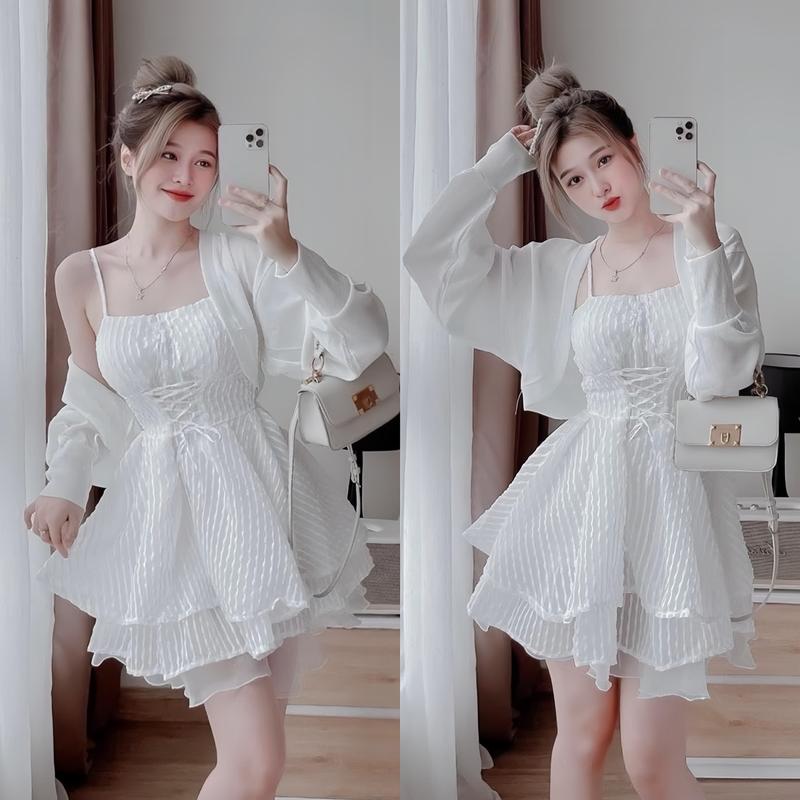 Đầm váy nữ 2 dây xếp tầng dáng xòe [Có Mút] kèm áo khoác tay dài xinh xắn dành cho các nàng diện đi chơi, đi tiệc. Women Dress