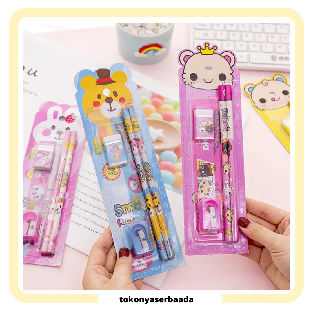 TSA (COD) Stationery Set 5 in 1 & 8 in 1 Alat Tulis Anak Sekolah Penghapus penggaris Pensil Serutan Karakter Lucu