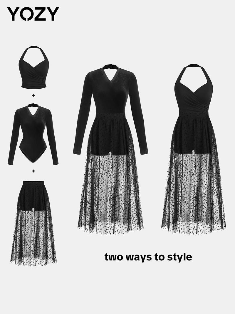 Product Introduction of YOZY Women's Solid Halter Neck Top & Backless Bodysuit & Ditsy Floral Pattern Skort Tulle Three-piece Set, Elegant Fashion Casual Three-piece Outfits for Daily Outdoor Wear, Ladies Clothes for All Seasons 1