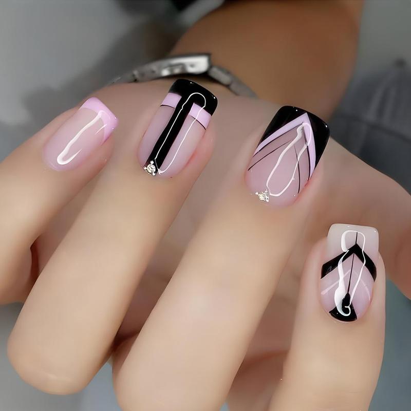 Pink and Black Press on Fake Nail, 24pcs Rhinestone Decor Fashion Press on Nails & 1 Count Tape & 1 Count Nail File & 1 Count Wooden Stick 0