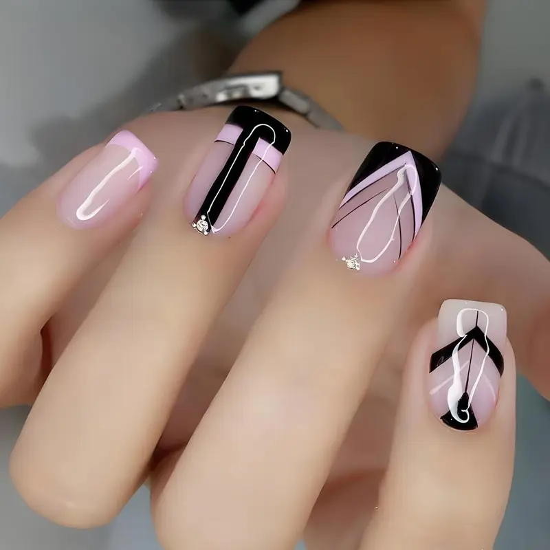Pink and Black Press on Fake Nail, 24pcs Rhinestone Decor Fashion Press on Nails & 1 Count Tape & 1 Count Nail File & 1 Count Wooden Stick 0