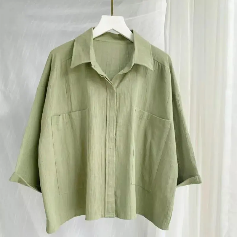 Melva Korean Crop Kemeja Wanita Semi Crop Linen Saku Dua Ld 120 Blouse Atasan Wanita Gemilang 5
