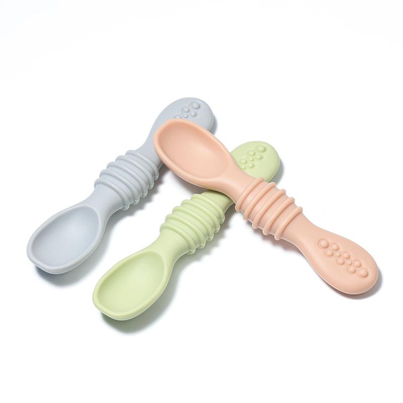 3pcs Mixed Color Silicone Baby Spoon, Self Feeding Spoon, Solid Color Baby Weaning Training Spoon 4