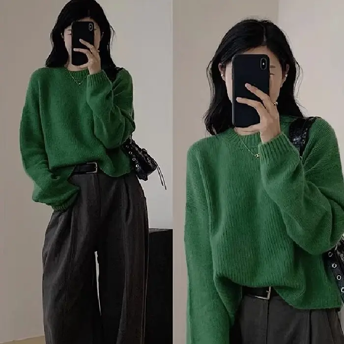 Áo Len, Nữ Mùa Thu Và Mùa Đông, Hàng Mới Về, Phong Cách Hàn Quốc, Mềm Mại Và Nếp, Ngắn, Cổ Tròn, Dài Tay, Áo Trên, 2024