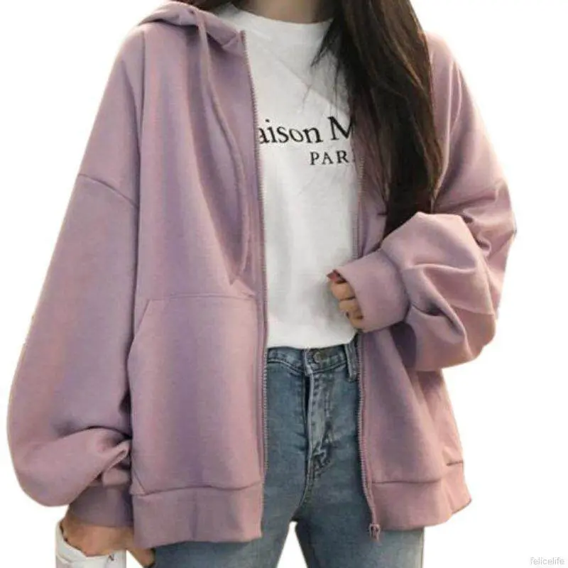 Hoodie baldu wanita, baju sejuk lengan panjang, zip, kasual, longgar, santai, sukan, pakaian luar, musim sejuk Hoodies Tops