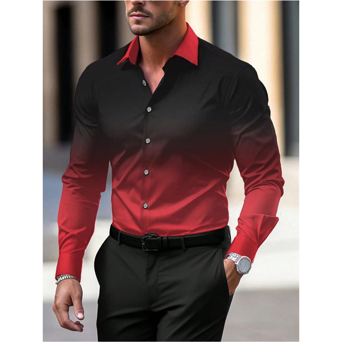 เสื้อเชิ้ตแขนยาวผู้ชาย ลายไล่ระดับสีหลายสี เสื้อพิมพ์ลาย 3 มิติ เหมาะสำหรับฤดูใบไม้ผลิและฤดูใบไม้ร่ว