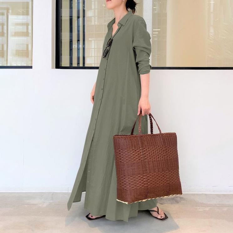 Product Introduction of Women European and American style cotton linen solid color lapel long sleeve insert bag simple loose casual long shirt dress 45