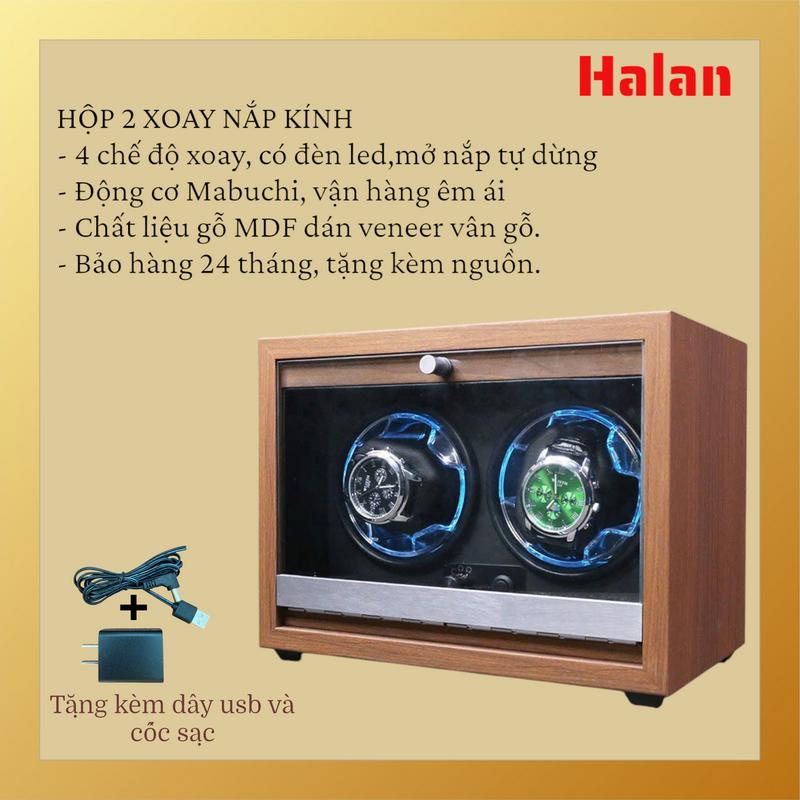 [TẶNG KÈM ADAPTER] Hộp xoay đồng hồ 2 xoay gỗ nắp - có đèn led -  mở nắp tự dừng - 4 chế độ xoay - Decor