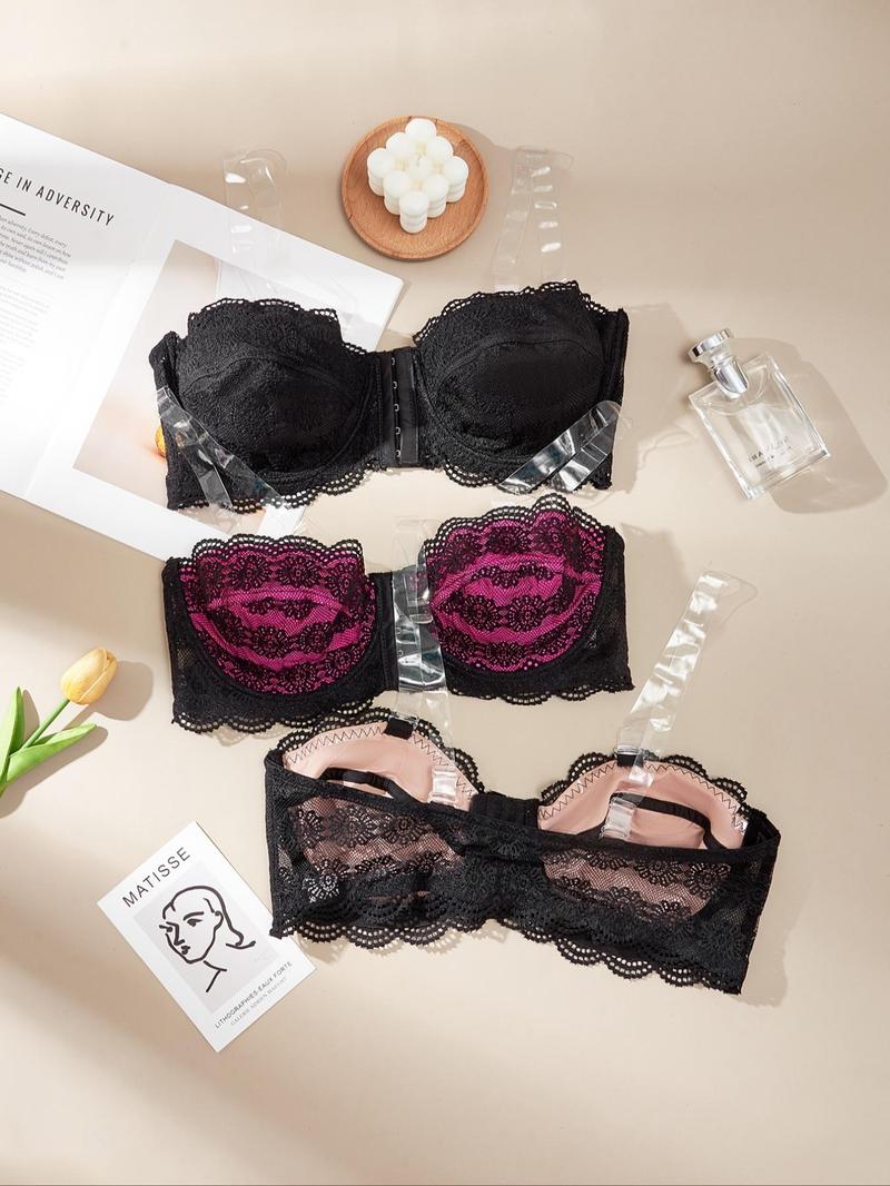 Product Introduction of 【Plus Size】 Women's Solid Color Lace Scallop Trim Push Up Front-Closure Bra, Soft Breathable Comfortable Underwire Backless Bra with Removable Transparent Straps for Daily Wear, Women's Lingerie for All Seasons 3