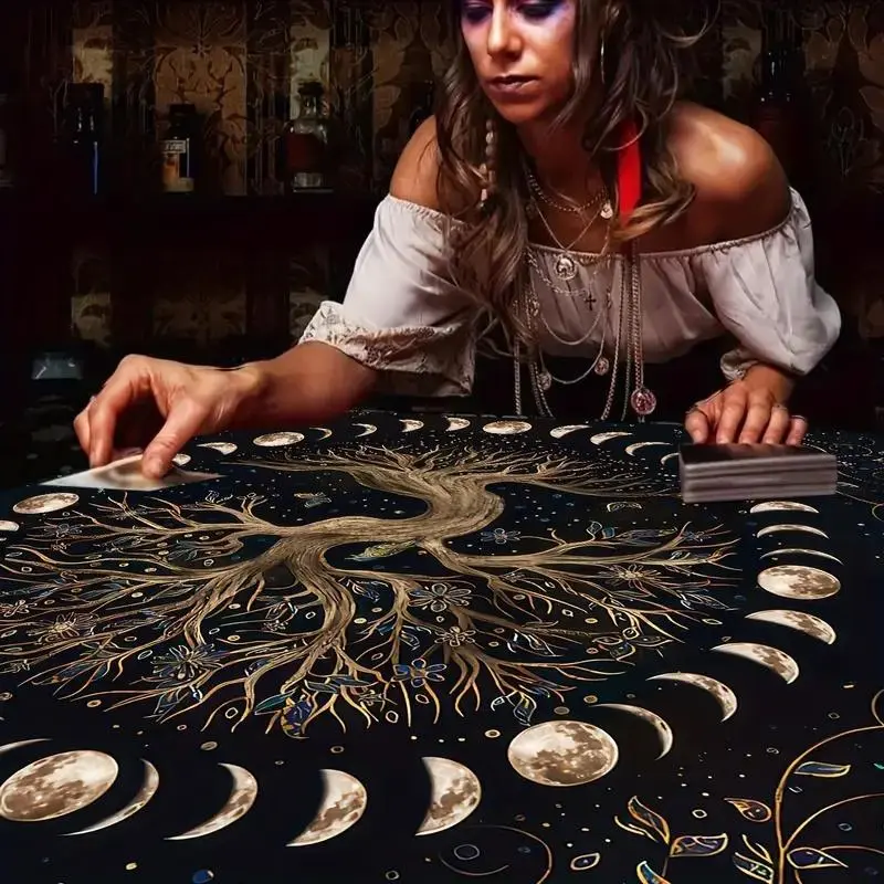 Tarot Card Themed Tablecloth, 1 Count Moon Phase & Tree Of Life Pattern Tarot Reading Tablecloth, Witchcraft Occult Divination Tablecloth for Party Festival