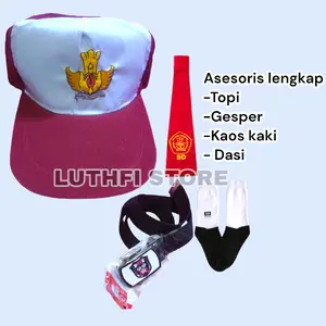 PERLENGKAPAN CEWE TOPI MERAH PUTIH , GESPER KAOS KAKI HITAM DASI SEKOLAH DASAR