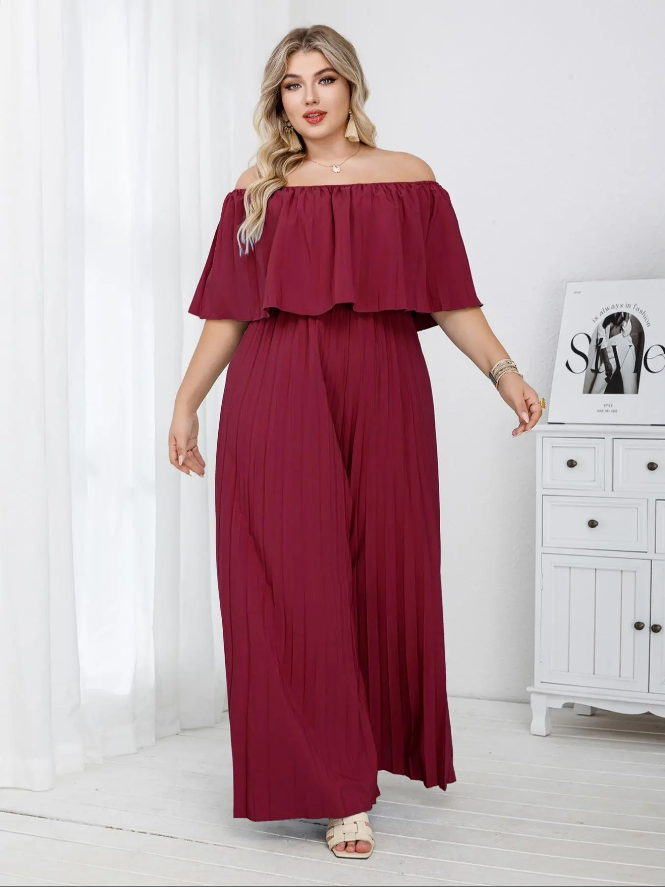 【Plus Size】 Solid Off Shoulder Jumpsuit, Casual Modern Fashionable Wide Leg Jumpsuit for Holiday Vacation, Women's Clothing for Summer