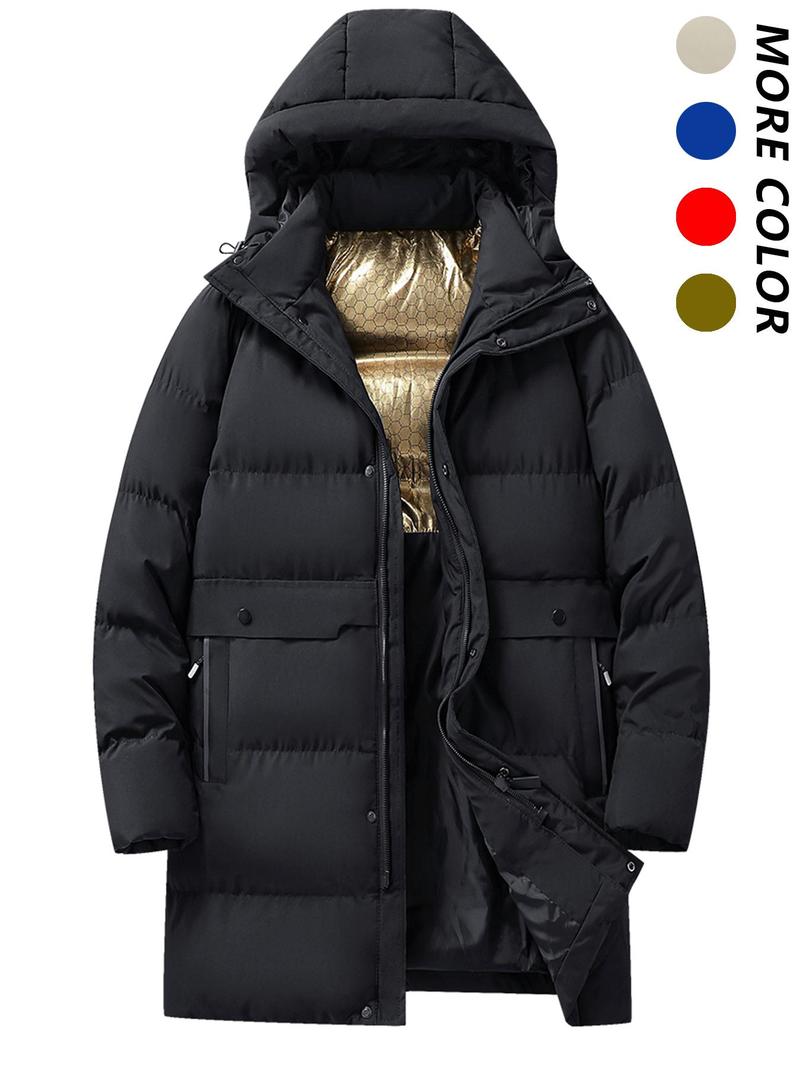 Product Introduction of Men's Solid Pocket Zipper Hooded Puffer Coat, Casual Long Sleeve Thermal Lined Outerwear for Fall & Winter, Men's Clothes for Daily Wear 1