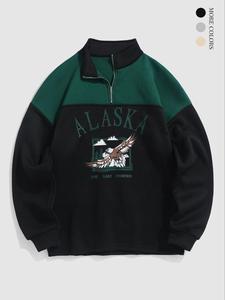 Men's Eagle & Letter & Patchwork Print Half Zip Sweatshirt, Casual Loose Drop Shoulder Long Sleeve Collared Pullover for Fall & Winter, Men's Clothes for Daily Wear