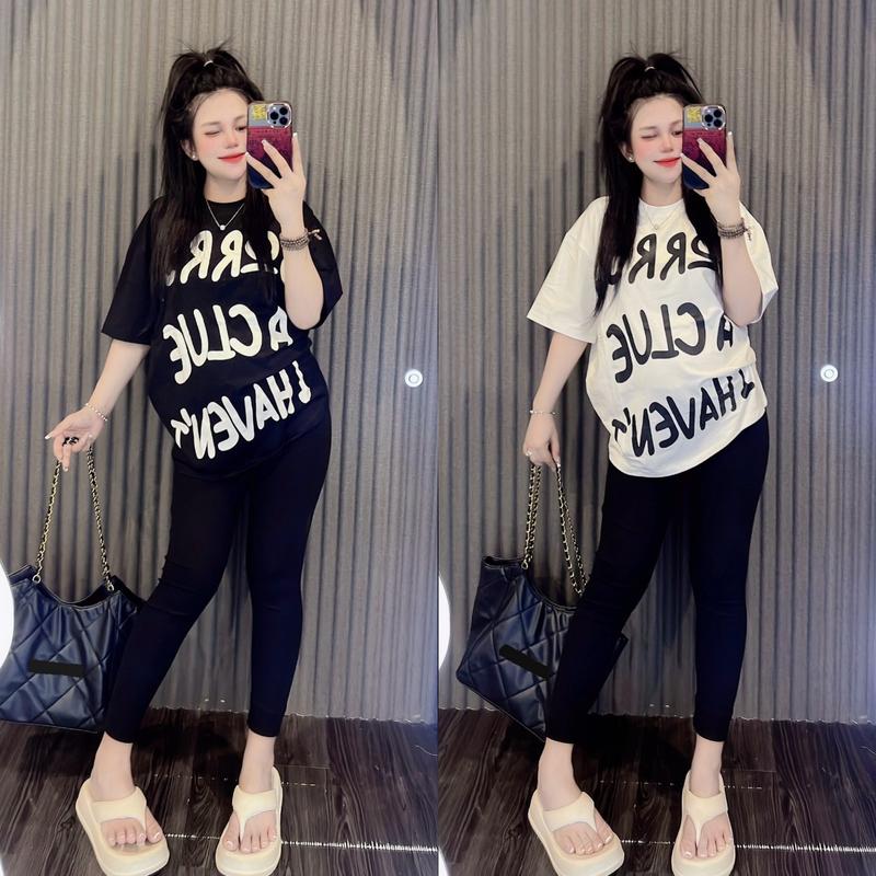 { Chất Liệu Tăm Lạnh QC } Set Đồ Bộ Nữ Dáng Dài Ôm +Áo In Chữ Hotrend Bigsize 45-90KG Mặc Nhà Đi Chơi TOP NỮ