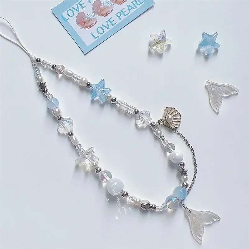 Dreamy Mermaid Sea Shell Phone Chain Lanyard Charm Strap Wrist Bead Cord Bracelet Keychain For iPhone Girl Hanging Rope Jewelry