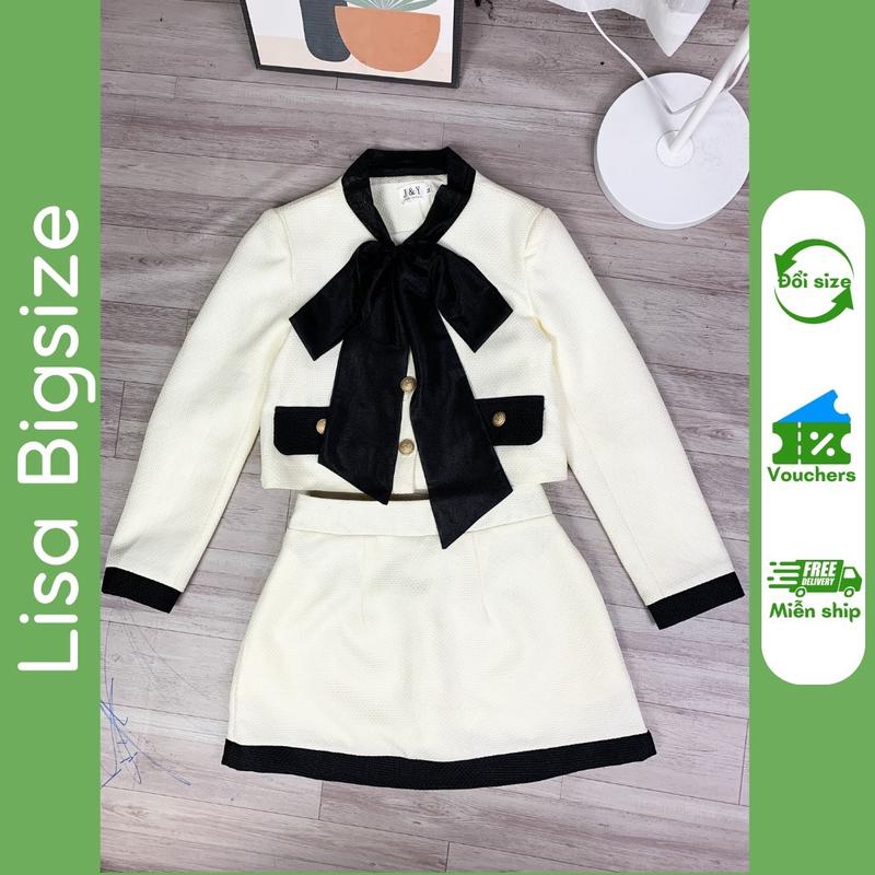 [BIGSIZE] Set áo dạ text cột nơ 2 lớp có đệm vai và chân váy may lót bảo hộ dáng chữ A thanh lịch dành cho nữ Lisa.bigsize Women Top